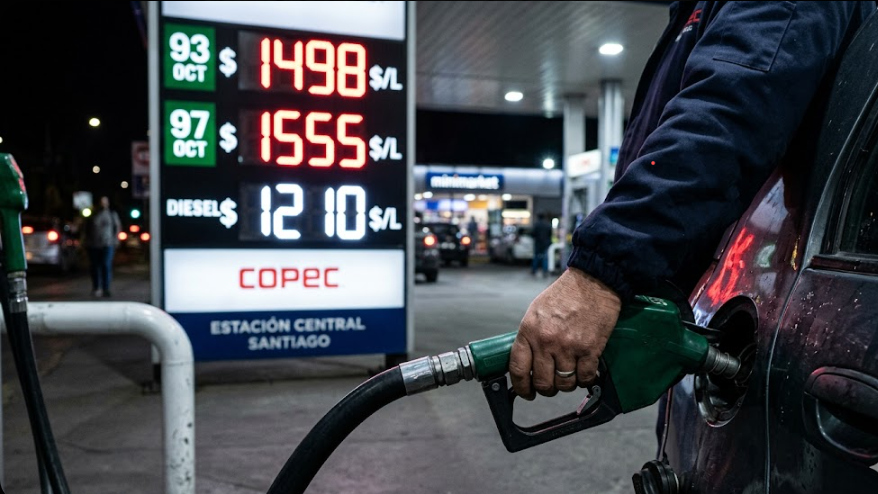 Primer plano de una carga de combustible con precios sobre los 1400 pesos, representando el alza de 400 pesos por litro que denuncia la editorial de Ukamau como un golpe directo al bolsillo del pueblo bajo el gobierno de Kast.