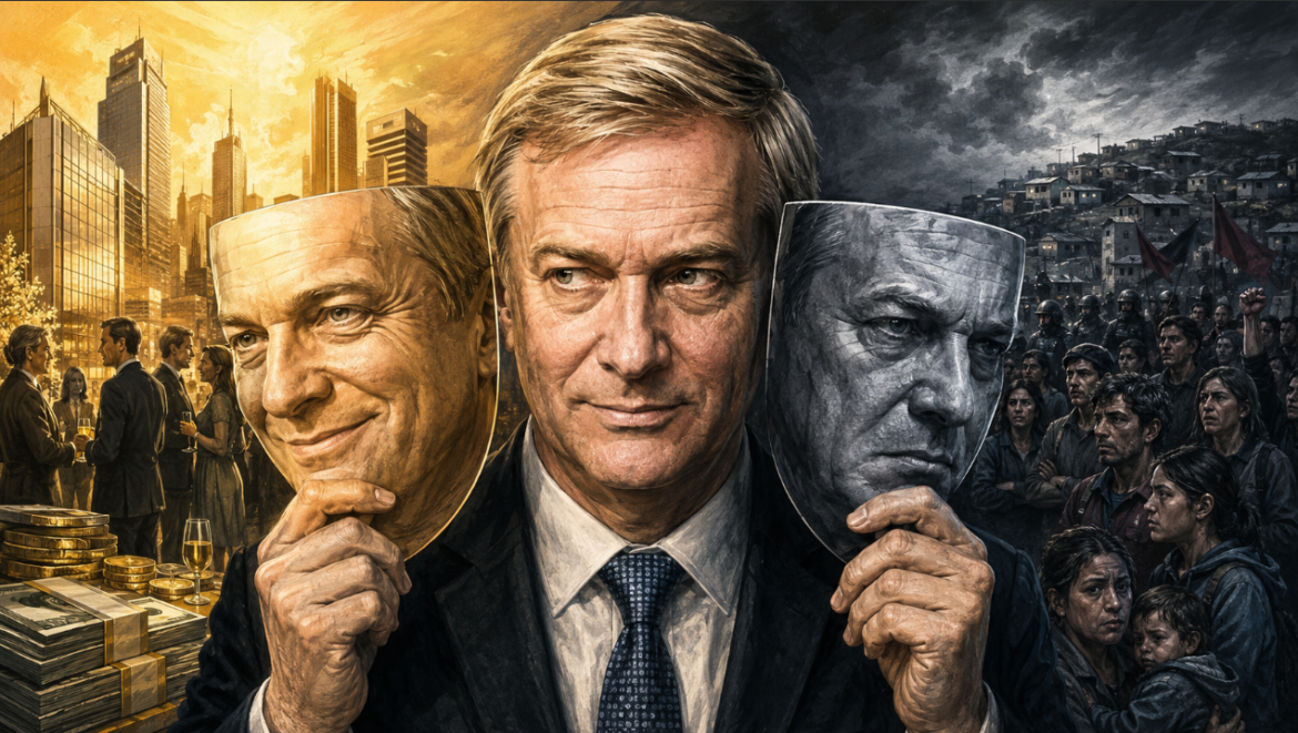 Ilustración editorial sobre las dos caras de Kast: una máscara sonriente frente al poder económico y otra severa frente a las familias trabajadoras y movimientos sociales.