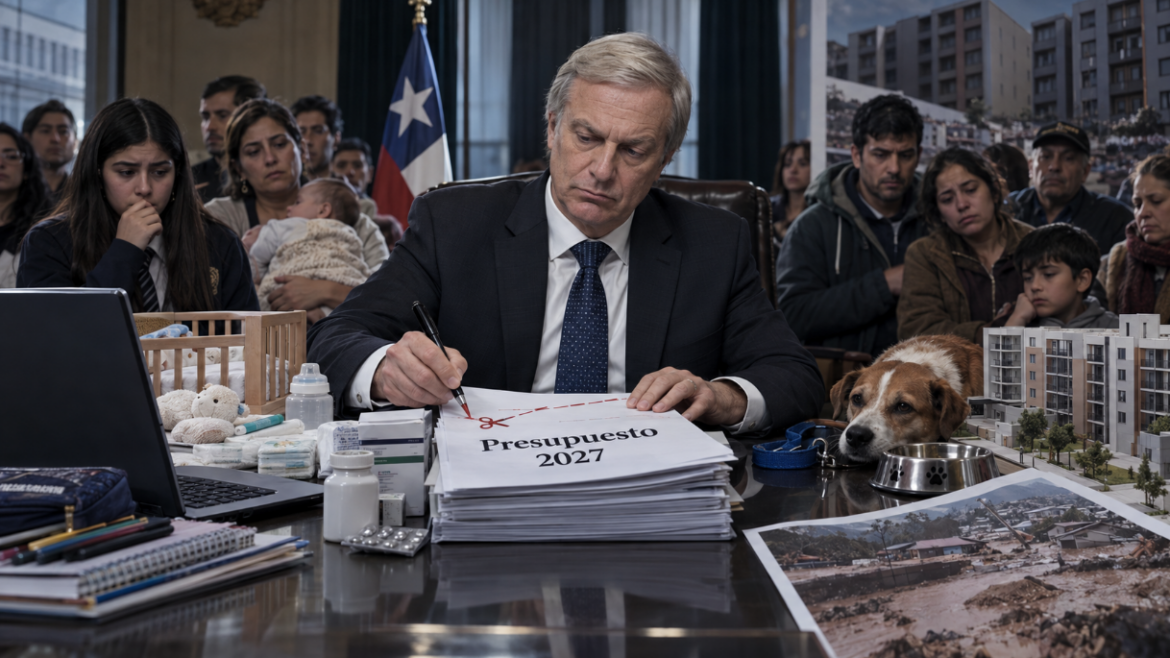Imagen editorial sobre el Presupuesto 2027 del Gobierno de José Antonio Kast, que representa los recortes a programas de educación, salud, vivienda y protección social.