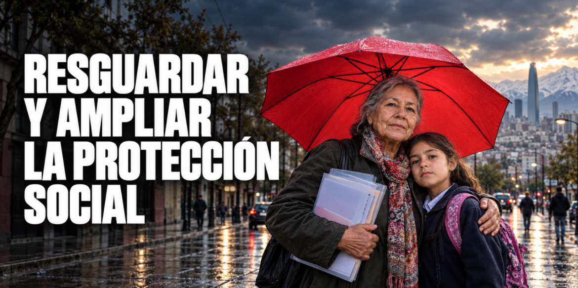 Mujer adulta mayor y niña bajo un paraguas rojo en Santiago de Chile, símbolo de la defensa de las pensiones, la infancia y la protección social.